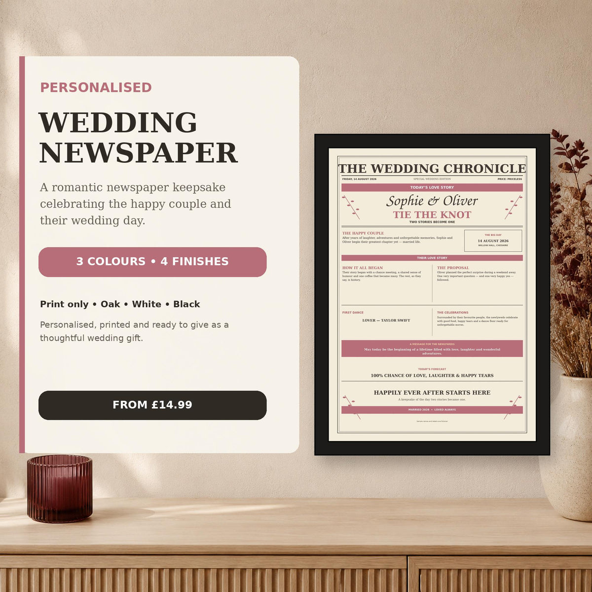 Personalised Wedding Newspaper Print, Custom Couple Story, Framed A4 Wedding Gift for Newlyweds