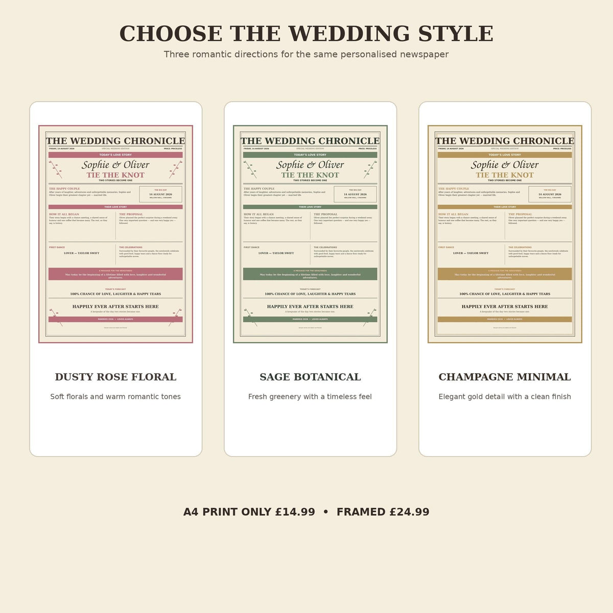 Personalised Wedding Newspaper Print, Custom Couple Story, Framed A4 Wedding Gift for Newlyweds