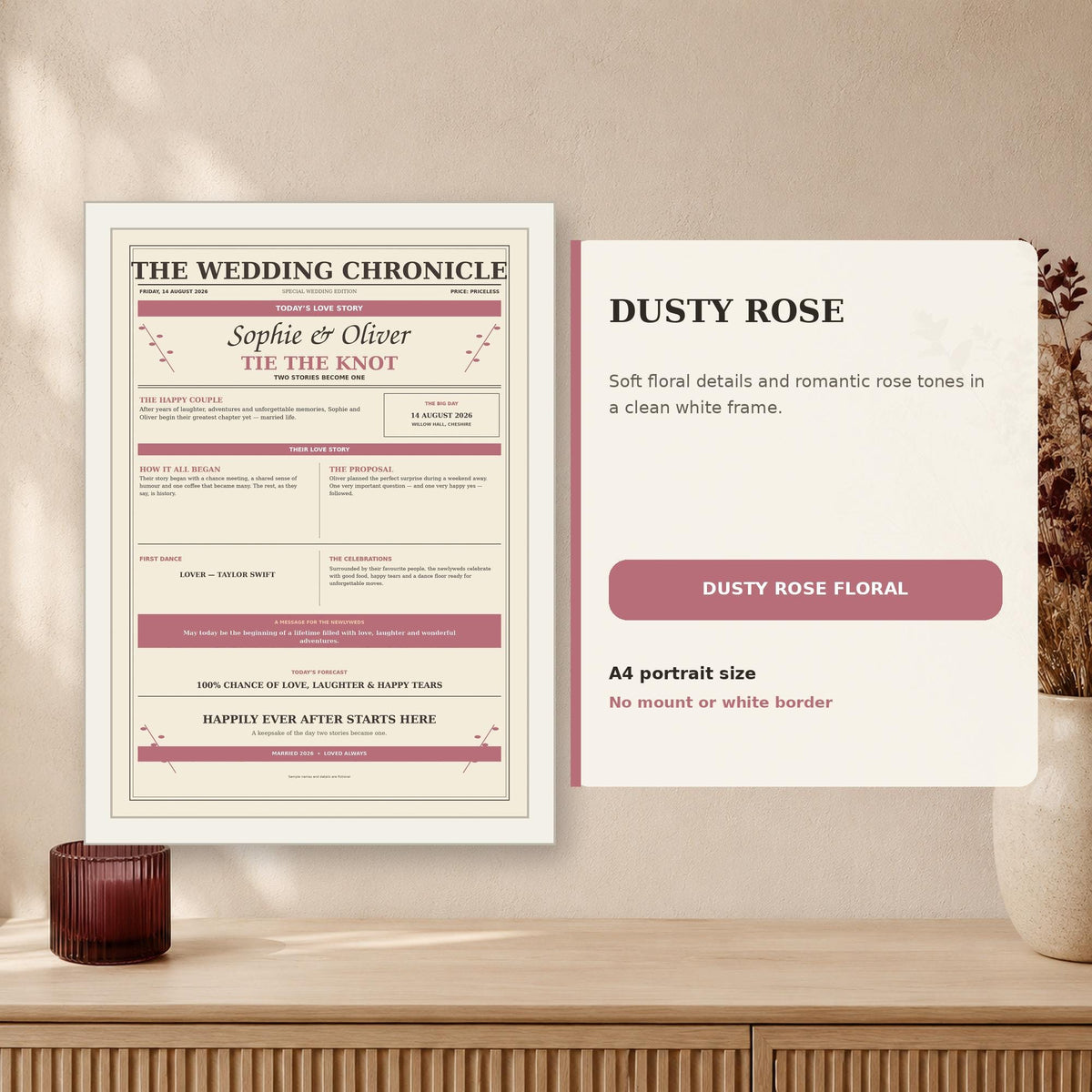 Personalised Wedding Newspaper Print, Custom Couple Story, Framed A4 Wedding Gift for Newlyweds