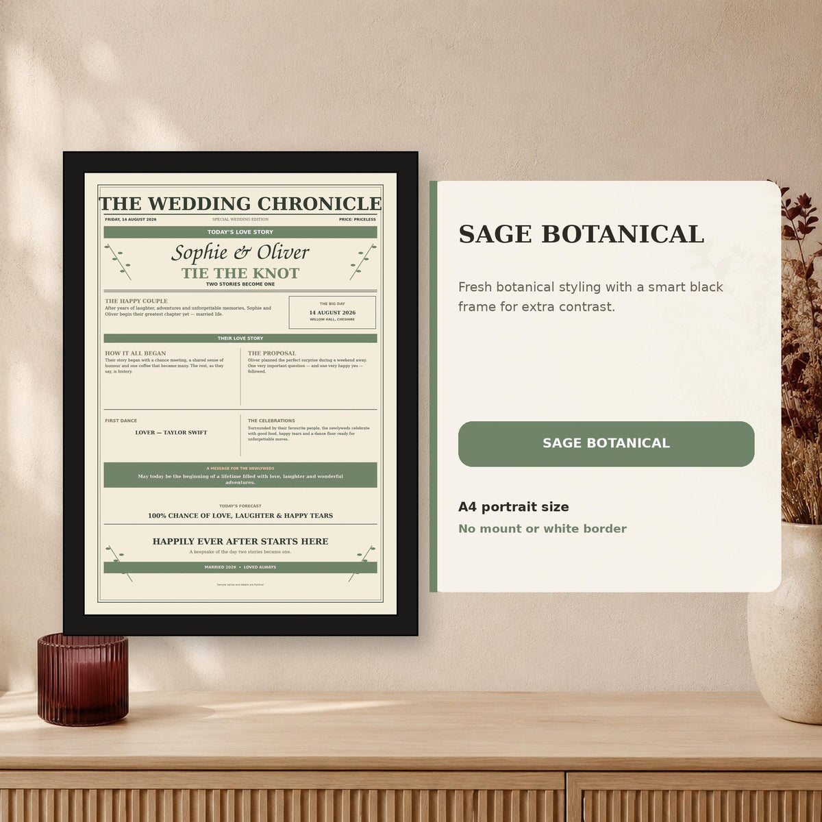 Personalised Wedding Newspaper Print, Custom Couple Story, Framed A4 Wedding Gift for Newlyweds