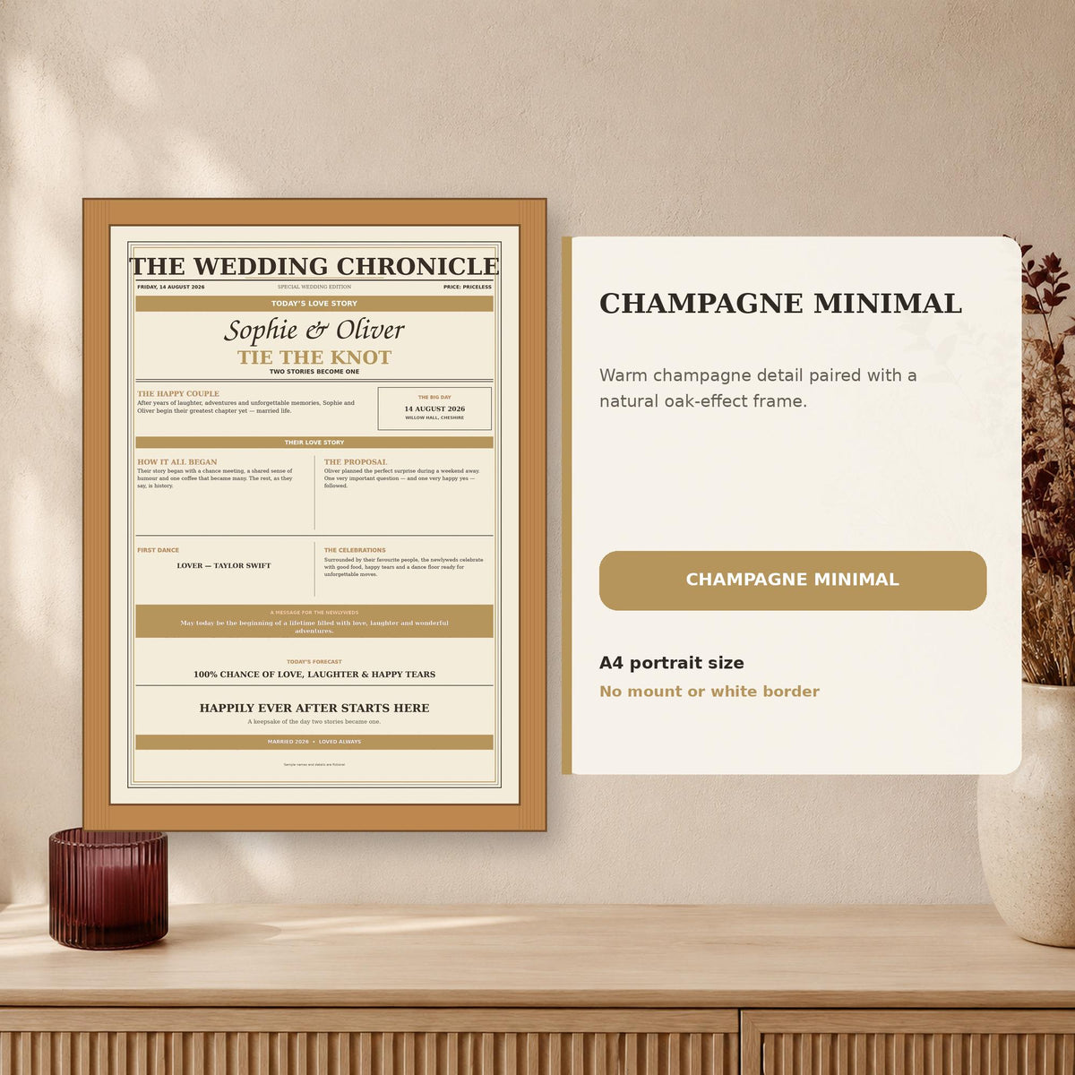 Personalised Wedding Newspaper Print, Custom Couple Story, Framed A4 Wedding Gift for Newlyweds