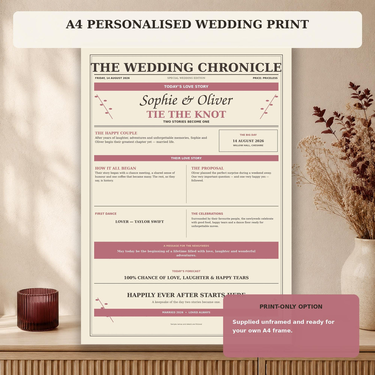 Personalised Wedding Newspaper Print, Custom Couple Story, Framed A4 Wedding Gift for Newlyweds