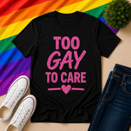 Too Gay To Care Glitter T-Shirt | Pride LGBTQ+ Festival Tee