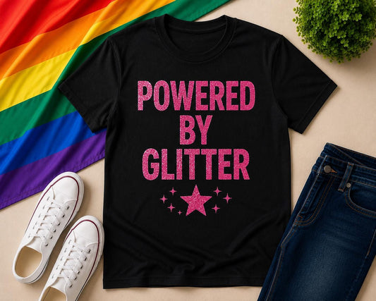 Powered By Glitter T-Shirt | Pride LGBTQ Graphic Tee, Glitter Vinyl Top